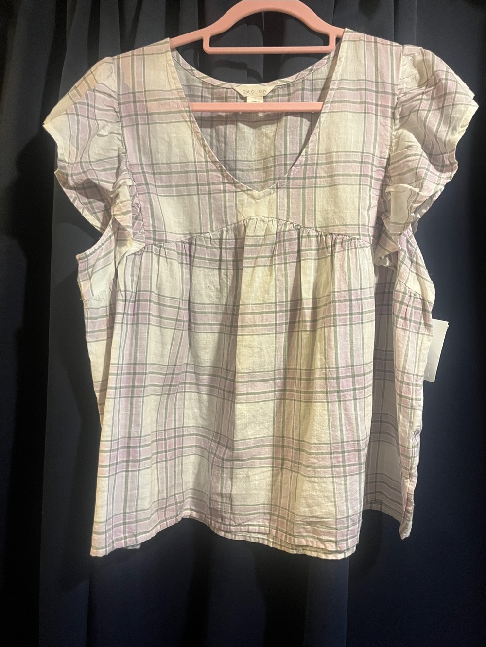Caslon Cream Plaid V-Neck Flutter Sleeve Top with Pink and Green Stripes